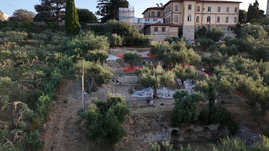 View of the Via Belvedere site from the south; image shows the excavation trenches, the modern olive grove and the CdL hospital in the background. 